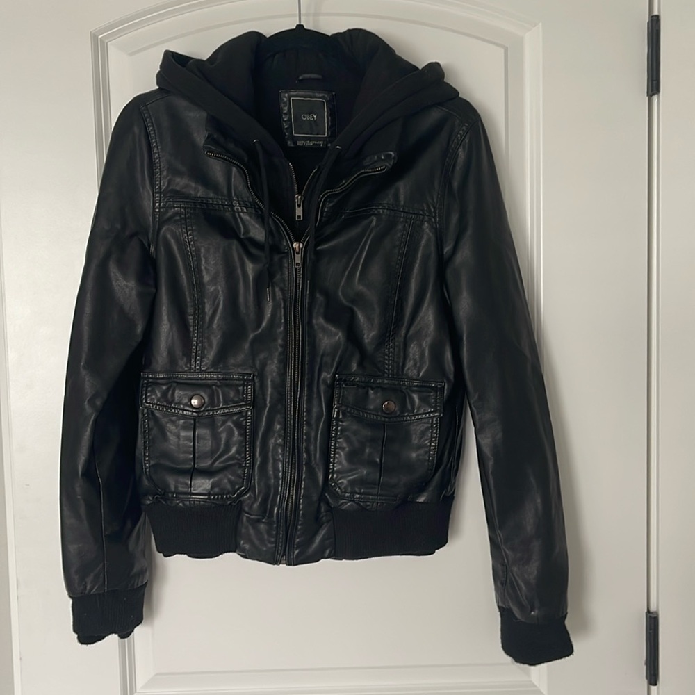 Obey Black Faux Leather Hooded Bomber Jacket
